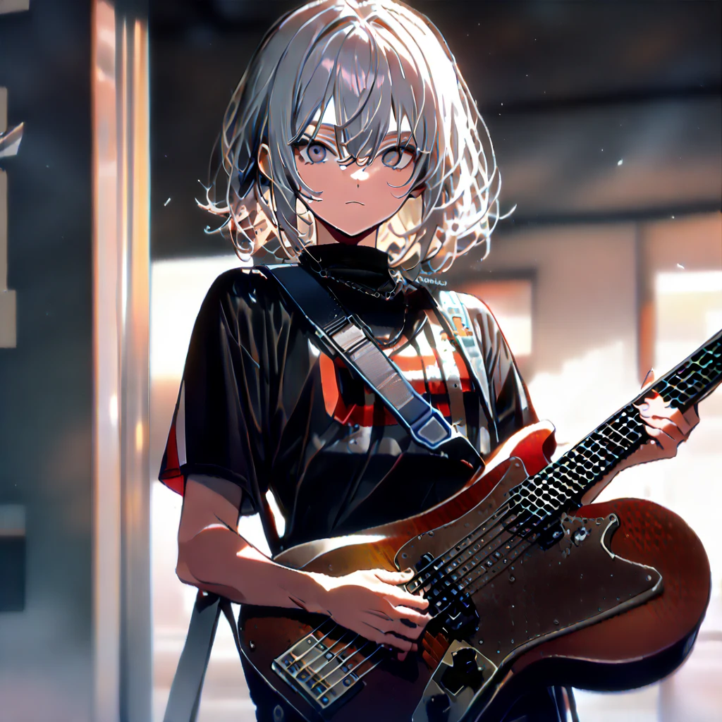 (((masterpiece,Highest quality))),(((A male anime character with messy green hair and black eyes dressed in a enamel visual kei outfit))),(((He is standing there glaring at me with his bass guitar in hand.))),((((Black Background)))),alone,Focus on the whole body,(high quality),アニメ