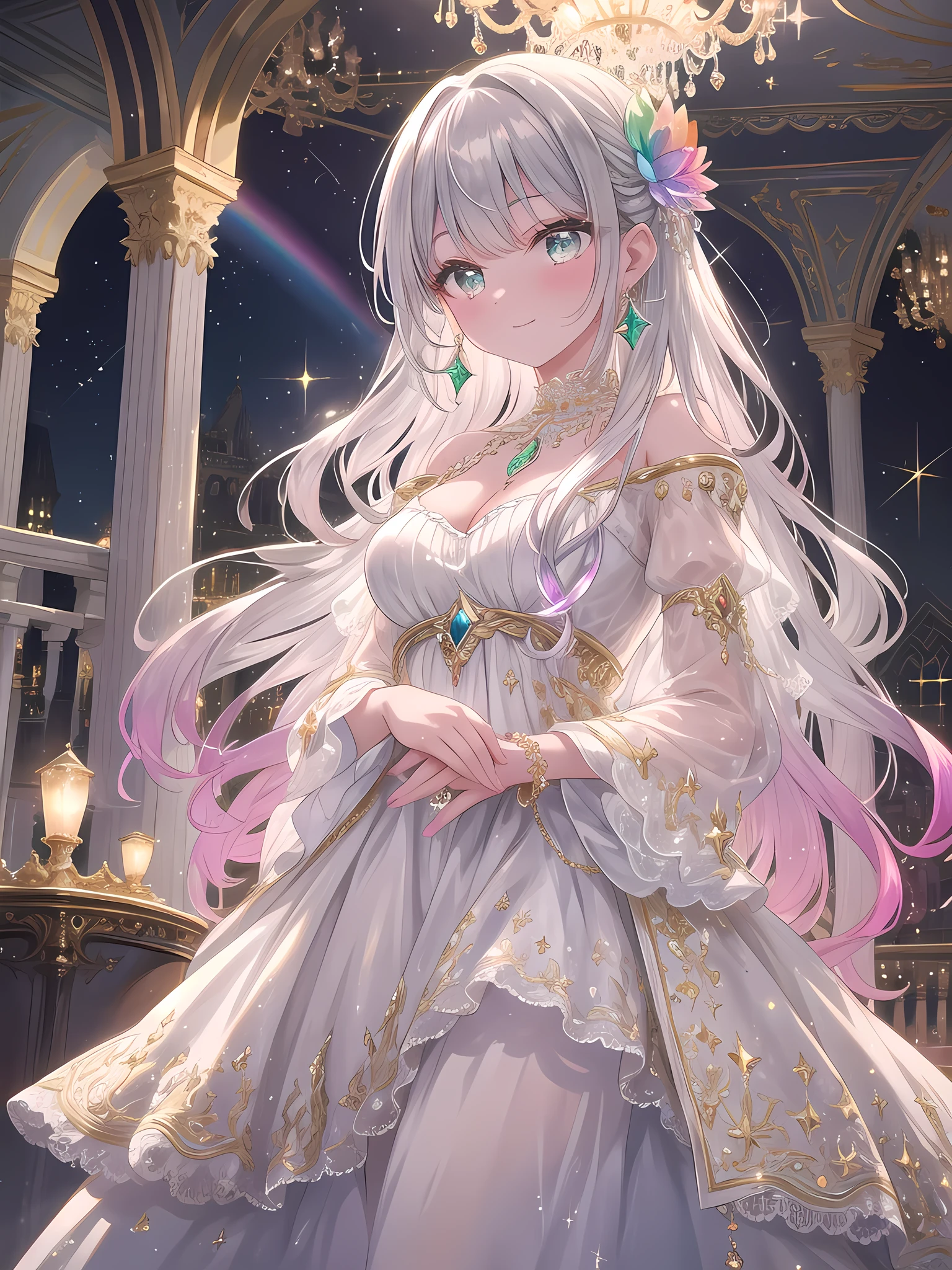 ((8k, best quality, master piece: 1.3)),super high resolution,(1 girl, solo), (colorshift eyes, hyperdetailed, expressive sparkling, glitter, glowing eyes), ultra detailed eyes, ultra-detailed face, random hair, ((silver gray color)),The young lady stands on the balcony of a luxurious palace, her silver hair shining with a silky luster, exuding elegant beauty. Her hair is long and tied in curls, and a rainbow crystal hair ornament sparkles. Her dress is a luxurious design of silk and lace, studded with jewels and crystals, and shines in seven colors when the light reflects it. The dress is a gradient of pale pink and purple, and emits rainbow light every time she moves.
A diamond necklace sparkles around the young lady's neck, and diamond earrings sway from her ears. Numerous rings set with gemstones shine on her fingers, and a crystal bracelet sparkles on her wrist. Her eyes are deep emerald green, and she looks at the camera with an elegant smile. Her skin is translucent, and the light of the gems and crystals reflects off them, making it shine beautifully.
In the background, the vast gardens of the luxurious palace spread out, and colorful flowers bloom in full bloom. The balcony railing is delicately carved and decorated with gold. At the back of the garden, there is a fountain, and the water sparkles with rainbow light. The palace building is made of white marble, and the walls are luxuriously decorated.
A clear crystal chandelier hangs above the balcony, and the sunlight reflects off the crystal in rainbow colors. Behind the young lady, luxurious curtains sway, and the wind gracefully sways her dress. The whole scene is glittering, and the rainbow light constantly reflects off of them, further enhancing her beauty. This scene perfectly captures the elegance and splendor of the young lady living a luxurious life.