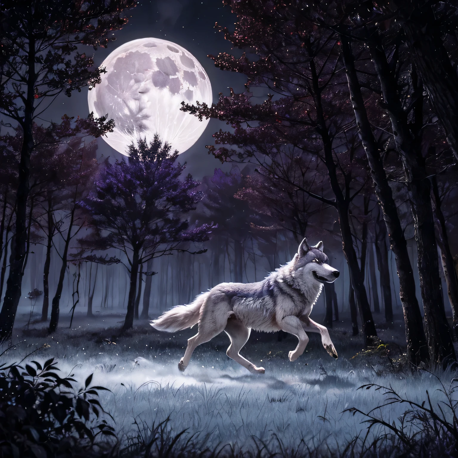 The wolf is running through the forest and looking for prey. Against the background of a moonlit forest. Purple fog. Deep, rich colors and intricate details. Karn Griffiths and Charles Wess