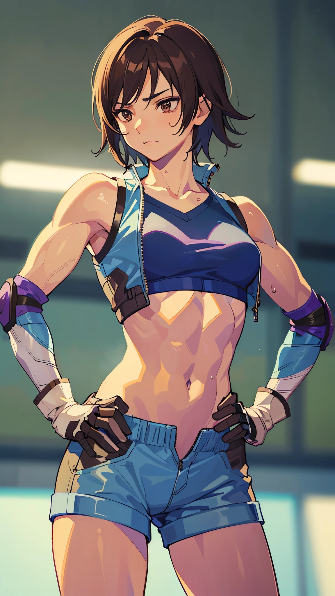 "(masterpiece、Premium Quality:1.2)、alone、1 girl(Kazama Asuka、Muscular Woman、Short brown hair、White skin、Brown eyes)、Cowboy Shot、A faint smile、Hands on hips、Tight clothing、Great for sports、Crop top、Shorts、(gloves:1.1)、internal、Elbow pads、abdomen、Trained abdominal muscles、Trained biceps、Excessive sweat on the face