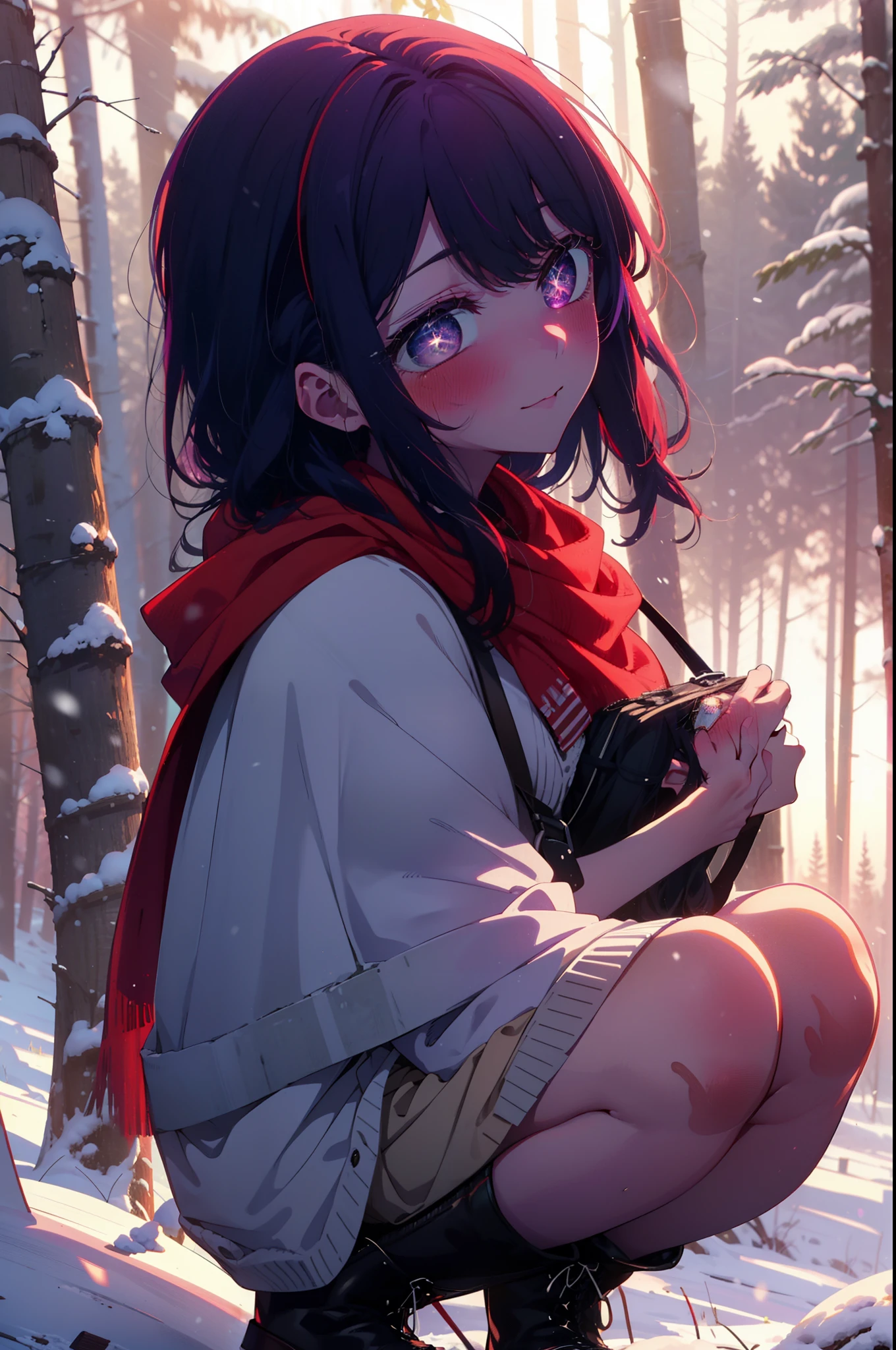 aihoshino, Ai Hoshino, Long Hair, bangs, (Purple eyes:1.1), Purple Hair, (Symbol-shaped pupil:1.5), smile,,smile,blush,white breath,
Open your mouth,snow,Ground bonfire, Outdoor, boots, snowing, From the side, wood, suitcase, Cape, Blurred, , forest, White handbag, nature, Squat, Mouth closed, Cape, winter, Written boundary depth, Black shoes, red Cape break looking at viewer, Upper Body, whole body, break Outdoor, forest, nature, break (masterpiece:1.2), Highest quality, High resolution, unity 8k wallpaper, (shape:0.8), (Beautiful and beautiful eyes:1.6), Highly detailed face, Perfect lighting, Highly detailed CG, (Perfect hands, Perfect Anatomy),