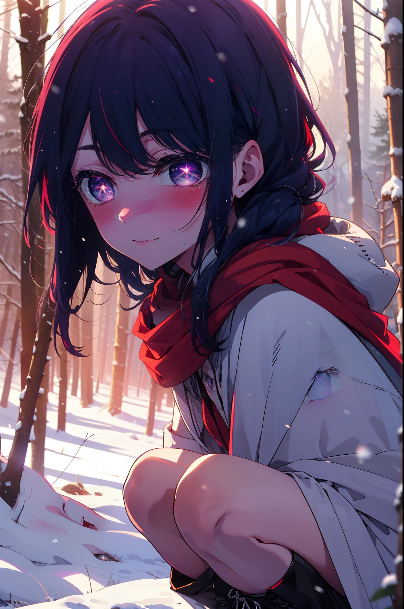 aihoshino, Ai Hoshino, Long Hair, bangs, (Purple eyes:1.1), Purple Hair, (Symbol-shaped pupil:1.5), smile,,smile,blush,white breath,
Open your mouth,snow,Ground bonfire, Outdoor, boots, snowing, From the side, wood, suitcase, Cape, Blurred, , forest, White handbag, nature,  Squat, Mouth closed, Cape, winter, Written boundary depth, Black shoes, red Cape break looking at viewer, Upper Body, whole body, break Outdoor, forest, nature, break (masterpiece:1.2), Highest quality, High resolution, unity 8k wallpaper, (shape:0.8), (Beautiful and beautiful eyes:1.6), Highly detailed face, Perfect lighting, Highly detailed CG, (Perfect hands, Perfect Anatomy),