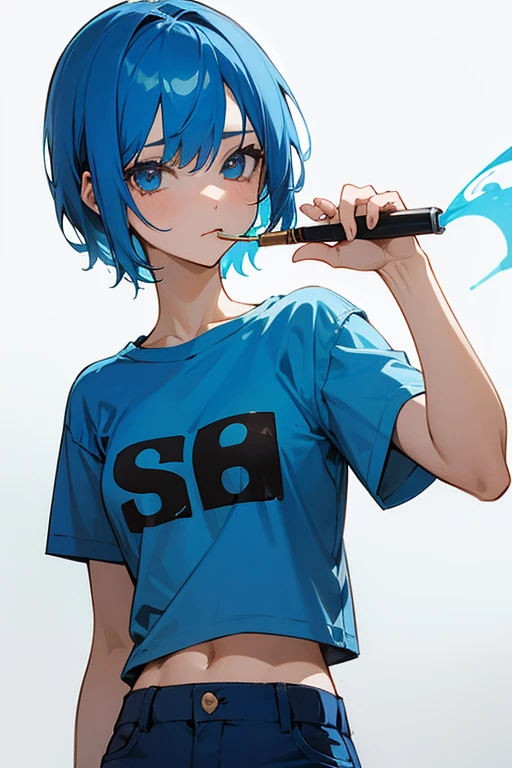1girl,blue hair,short hair,blue T shirts,blue pants,chocolate sigarett,break ベースを弾いている。