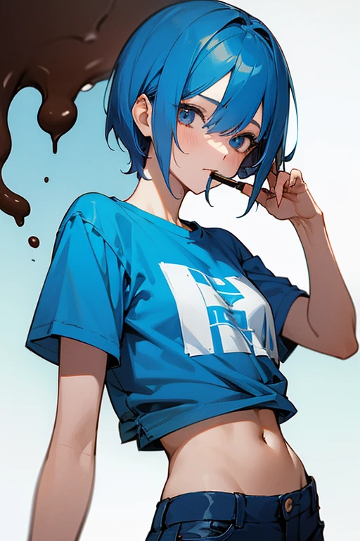 1girl,blue hair,short hair,blue T shirts,blue pants,chocolate sigarett,break ベースを弾いている。