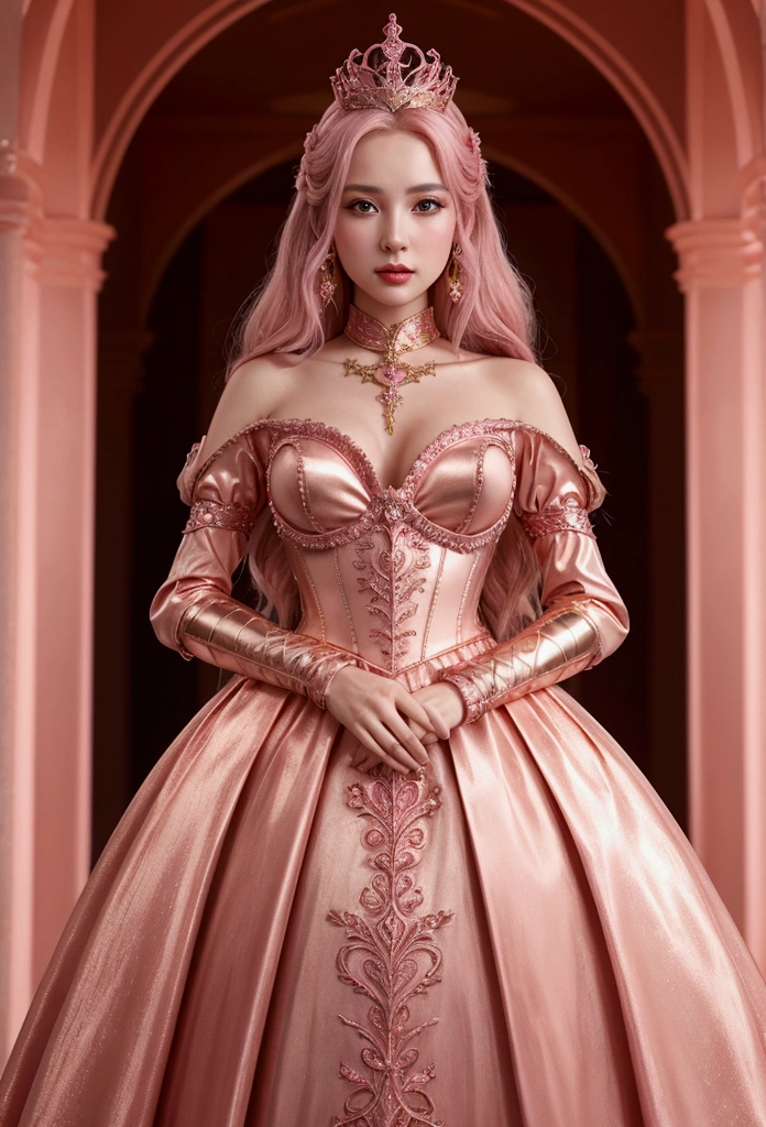 Realistic fair skinned woman in a pink gold and rose gold themed princess knight outfit