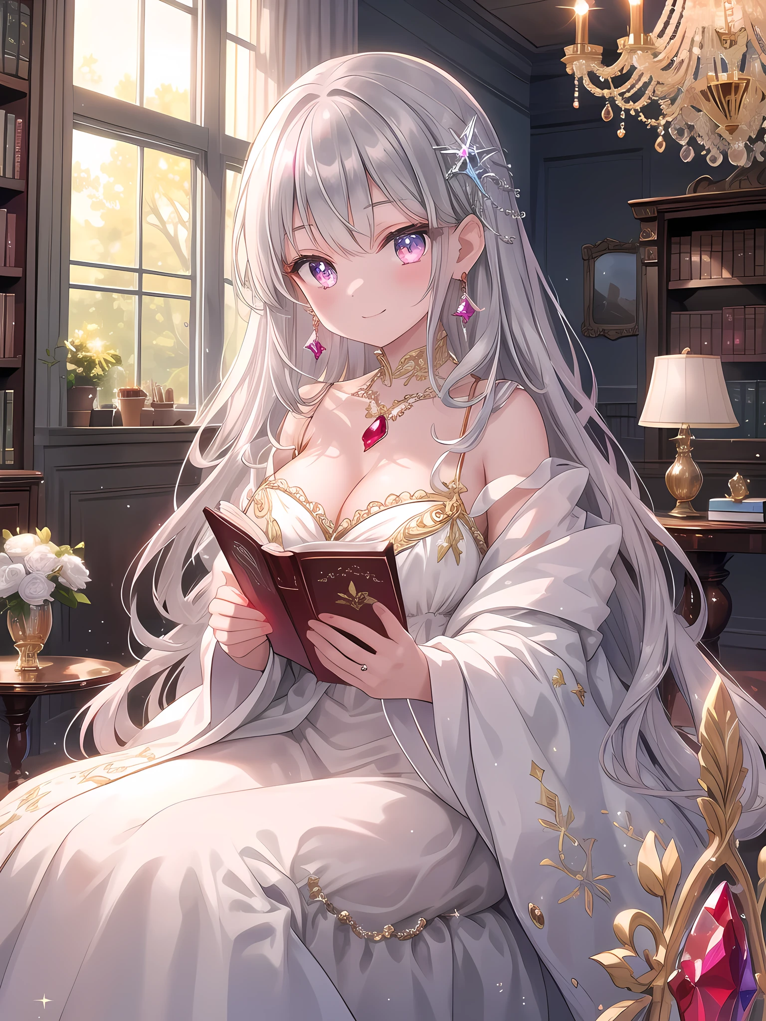 ((8k, best quality, master piece: 1.3)),super high resolution,(1 girl, solo), (colorshift eyes, hyperdetailed, expressive sparkling, glitter, glowing eyes), ultra detailed eyes, ultra-detailed face, random hair, ((silver gray color)),In the palace library, the young lady holds a book in her hand, her silver hair shining with a silky luster. Her hair is long and sparkling with a crystal hair ornament. Her dress is made of silk embroidered with crimson and gold, studded with gems and crystals, and shines with rainbow colors when the light reflects it.

A ruby ​​necklace sparkles around the young lady's neck, and ruby ​​earrings dangle from her ears. Several gemstone rings shine on her fingers, and a crystal bracelet sparkles on her wrist. Her eyes are deep ruby ​​red, and she has a calm smile.

In the background, there are tall bookshelves and a row of antique wooden tables and chairs. A large crystal chandelier hangs in the center of the room, reflecting warm light on the bookshelves and furniture. Soft sunlight pours in through the window, bathing the entire room in a warm light. This scene perfectly expresses the young lady's intellectual side and luxurious lifestyle.