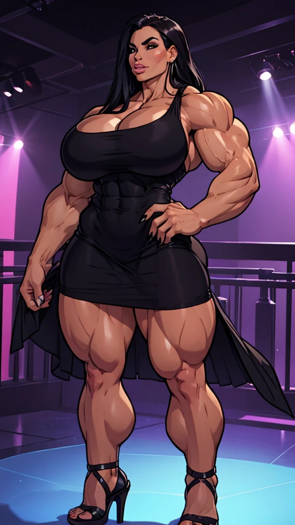 full body view, gentle feminine very cute 21 yo woman in disco night club, minidress, stunningly breathtakingly massive female bodybuilder with enormous bulky musculature, perfect muscle definition, veiny vascular, stright very long raven-black hair, pale skin, hypermuscular steel-hard body, tough as nails, massive strong quads, powerful muscular legs