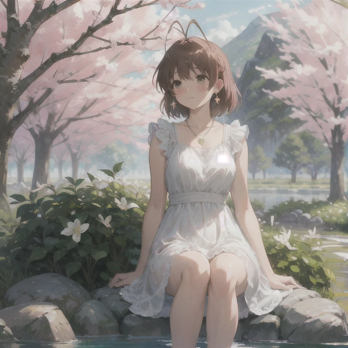 detailed illustration, masterpiece, natural lighting, midday, digital artwork, extremely detailed, cute dress, extremely detailed clothes, forest background, bushes, cherry trees, noon, dusk, spring, fall, natural lighting, girl, perfect anatomy, detailed eyes, blush, small breasts, messy hair, necklace, earrings, legs in pool, wet legs, a lot of small clouds, sitting on rock, pink leaves on ground, mountains in the back, furukawa_nagisa_clannad, sheer dress, can see pink under wear, play ukalele