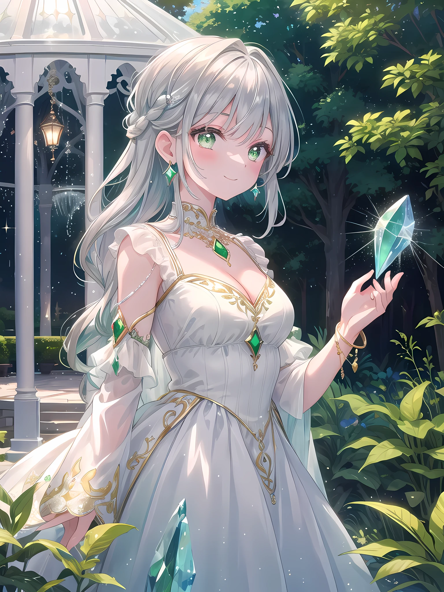 ((8k, best quality, master piece: 1.3)),super high resolution,(1 girl, solo), (colorshift eyes, hyperdetailed, expressive sparkling, glitter, glowing eyes), ultra detailed eyes, ultra-detailed face, random hair, ((silver gray color)),The young lady is in a pavilion in the palace gardens, her silver hair shining with a silky luster, smiling gracefully. Her hair is braided to the side, and a crystal hair ornament sparkles. Her dress is made of silk with emerald green and gold embroidery, and is studded with gemstones and crystals, shining in rainbow colors when the light reflects off it.

An emerald necklace sparkles around the young lady's neck, and emerald earrings dangle from her ears. Her fingers are adorned with gemstone rings, and a crystal bracelet sparkles on her wrist. Her eyes are deep emerald, and she is smiling serenely.

In the background, a beautiful garden spreads out, with colorful flowers blooming in full bloom. The pillars of the pavilion are intricately carved and decorated with gold. At the back of the garden, a fountain shines with rainbow colors. This scene perfectly expresses the young lady's love of nature and luxurious life.