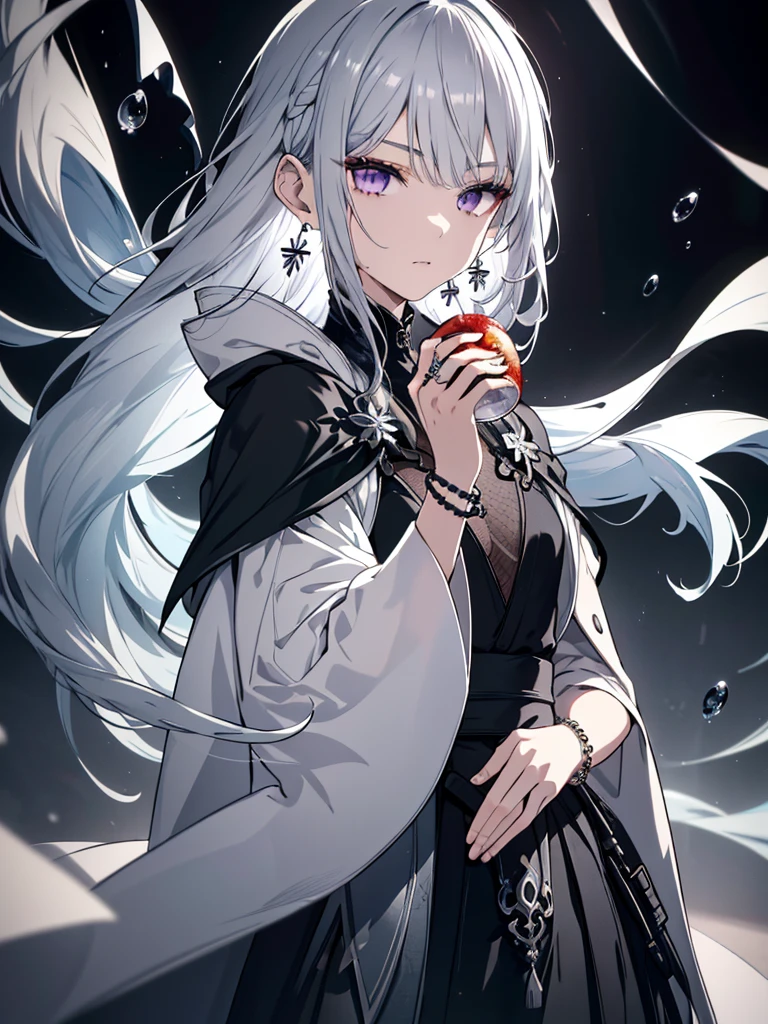 8k,High resolution RAW color art,Anime Art, (((Very detailed and cool))), Detailed skin, Blur、texture,(Exquisitely crafted, The finer details, Ultra-detailed art), (((One boy))), Depth of written boundary, Silky Touch, Hyper Detail, (((Cool face))), eye shadow、Silver Marble Skin, Beautifully detailed purple eyes, Beautiful lip detail, Very delicate face, Delicate depiction of hair and eyes, Detailed Fashion, Silver earrings,Silver Bracelet、Full body depiction, Black high neck、black waist cloak、 A little bit of grey hair、Semi-long hair、(((Hair)))、water surface、silk clotheatte、Soft clothes、cool、Food、Wear warm clothes、Orb
