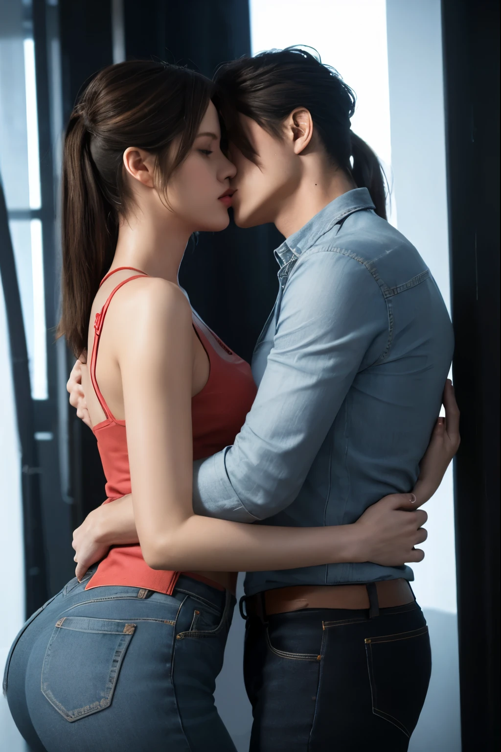 (masterpiece, best quality), 1girl and 1 man, claireredfield2, wear black underwears, kiss the man , girl back, the man is pressing girl against the wall indoors, wedding night