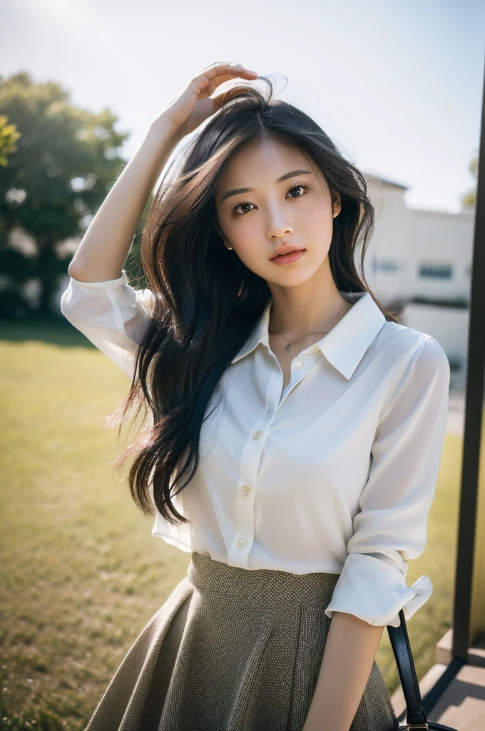 (masterpiece: 1.3), (8k, Realistic, RAW Photos, Highest quality: 1.4), (One girl), Shallow depth of field, Focus on the face, Soft Focus, Beautiful Face, (Backlight: 1.5), (Ambient: 1.3), (Realistic Face), (Black Hair, Medium Short: 1.3), Gentle wavy hair, Hair blowing in the wind, My hair is blown by the wind, Short bangs, Realistic eyes, Dark brown pupils, Pupil highlights, Beautiful details in the eyes, (Plenty of natural light), (Realistic Skin), Beautiful Skin, (White collar blouse), (flare skirt), (pumps), clock, Small handbag, Light solid color pale wall and sky background, Absurd, Charm, 超High resolution, Ultra-realistic, High resolution, Golden Ratio, Walk briskly during your commute, The gesture of pulling up the hair with the hand, Long shot camera angle