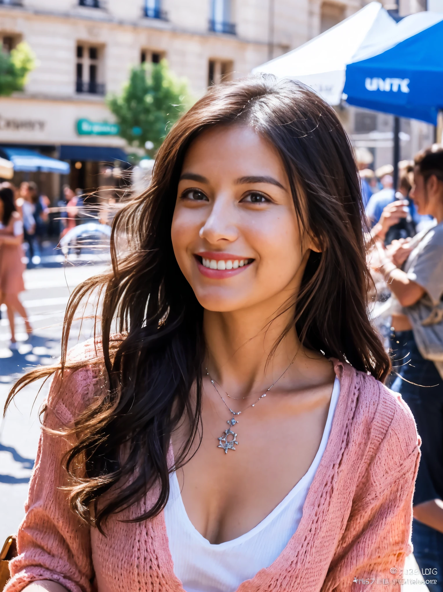 Masterpiece, superior quality, ultra-detailed, 8k drawing under CG unity, a woman looking directly at the observer, summer subject, a charmed and happy look, in the city center of paris, smiling, with long black hair and cowboy style.