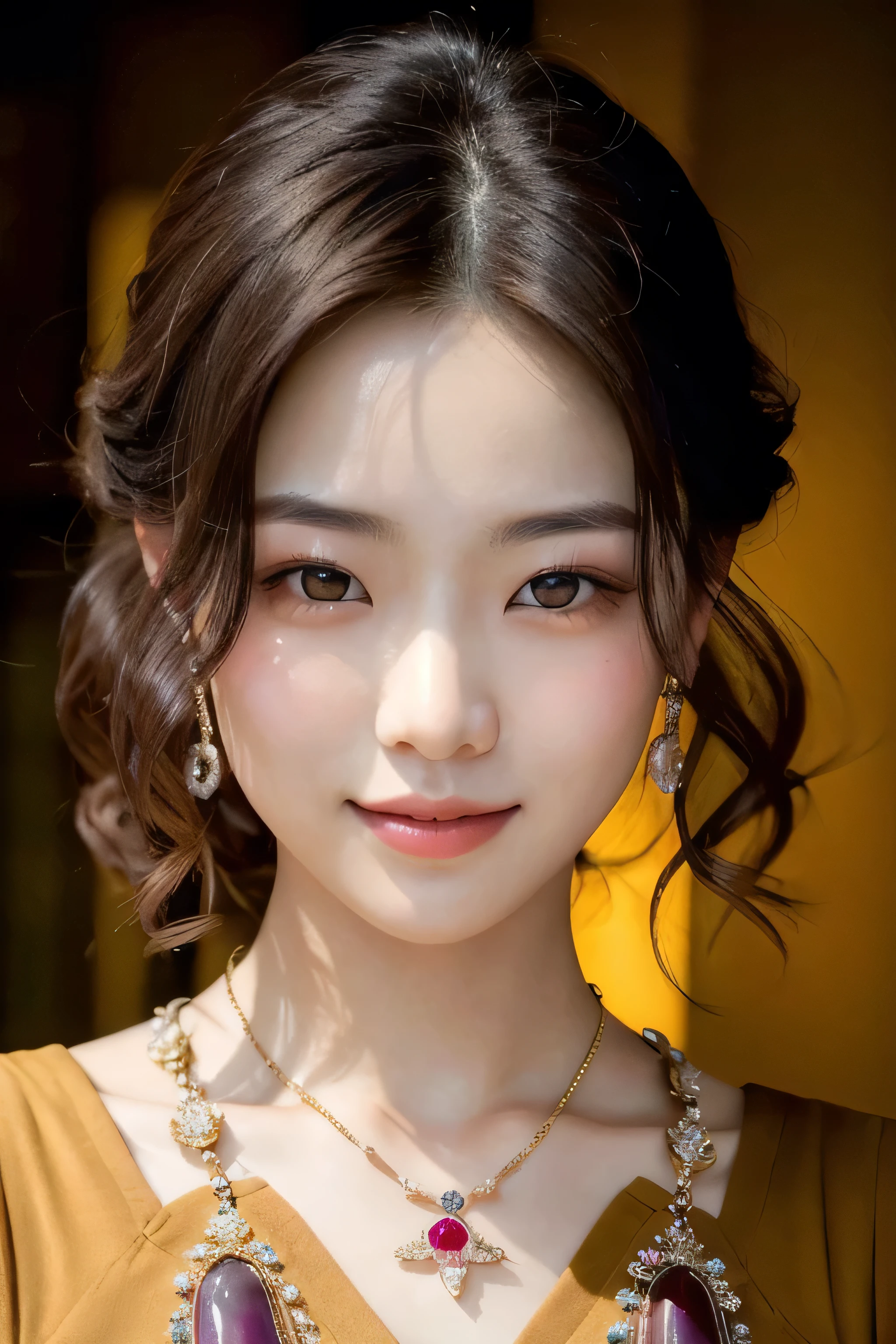 A masterpiece of photorealistic artistry! Dramatic lighting, reminiscent of Rembrandt's finest works, illuminates the serene face of a 21-year-old Japanese beauty. Her skin, finely detailed and textured with subtle nuances, radiates a warm glow. A gentle smile plays on her lips, accompanied by a delicate blush and goosebumps on her arms. Long, curly hair cascades down her back, framing her features. Bangs sweep across her forehead, partially covering her eyes. A dress drapes elegantly around her figure, adorned with intricate jewelry featuring gleaming gems. The overall effect is one of captivating beauty, brought to life through the magic of ray tracing and subsurface scattering.