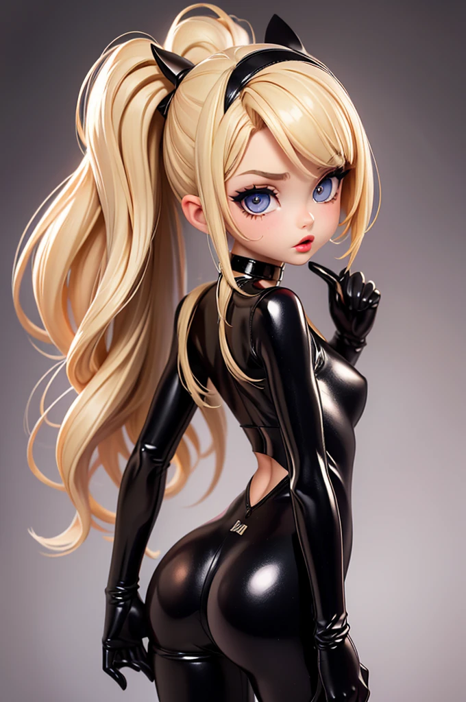 (view from behind) hyperrealistic american teen, blondittle, perfect tiny body, sexy, dark makeup, small choker, perfect slim face, big red lips, very cute face, tiny body, big eyes, young looking, childish looking, bodysuit, showing ass
