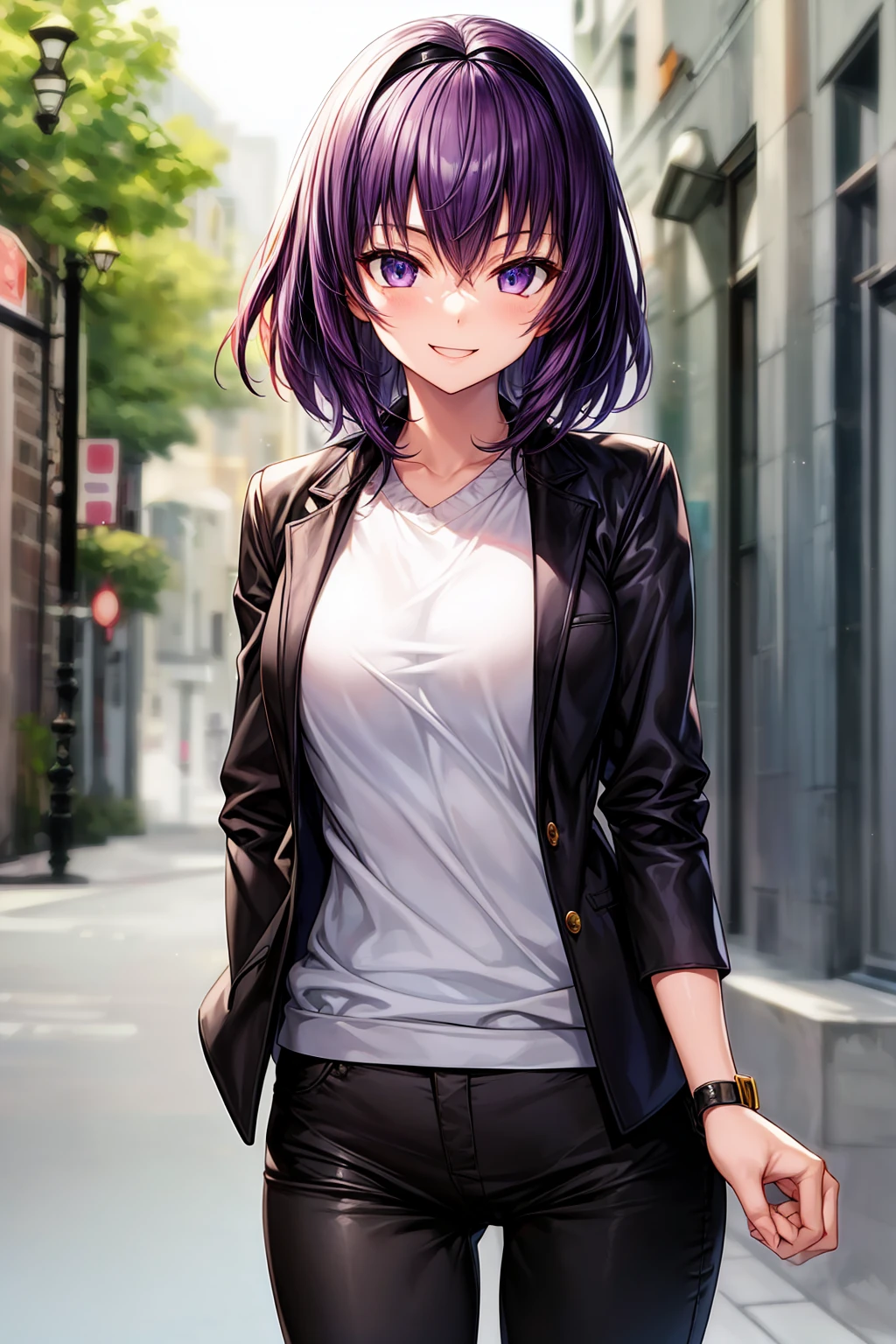 best qualityer, best resolution, ufotable art style, anime girl with black hair with purple highlights, purples eyes, purple handband, long black jacket, black pants, medium breasts, sarcastic smile