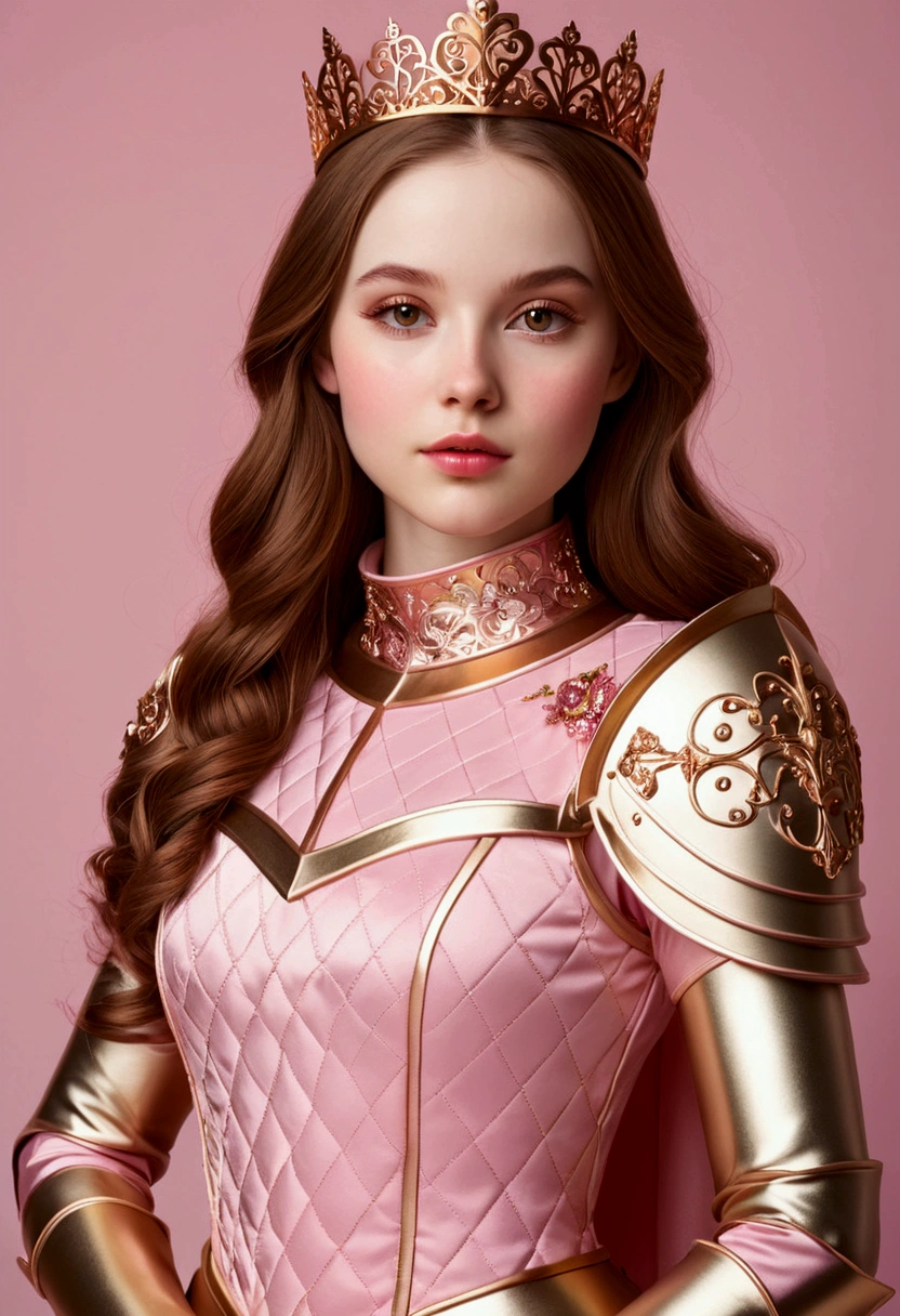 Realistic fair skinned woman in a pink gold and rose gold themed princess knight outfit