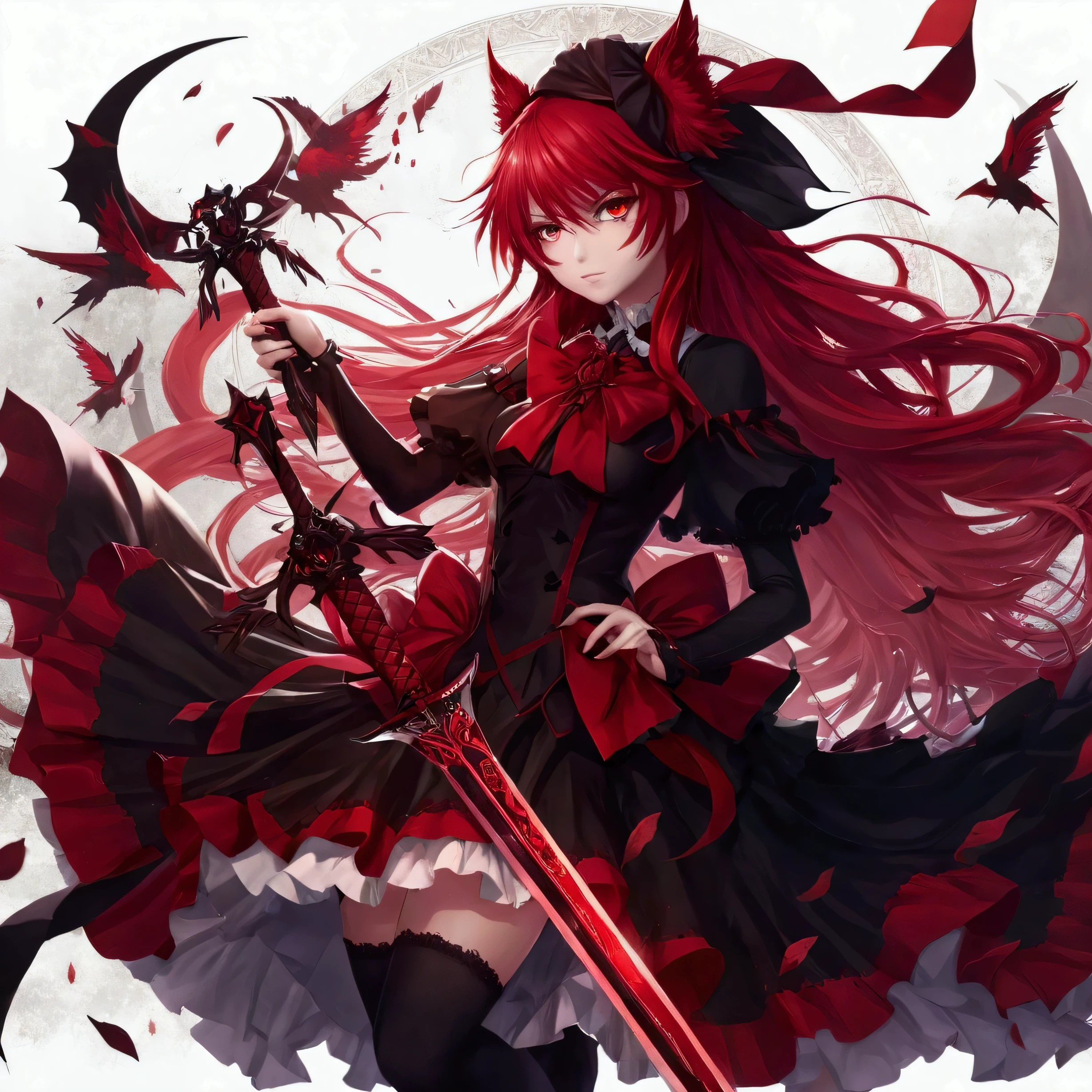 anime girl with red hair and black dress holding a sword, rias gremory, gothic maiden anime girl, demon anime girl, from arknights, nightcore, crimson darkness, beautiful fantasy anime, shalltear bloodfallen, anime art wallpaper 8 k, crimson themed, anime wallaper, (anime girl), anime art wallpaper 4k, anime art wallpaper 4 k, sangat detail, tidak cacat, gambar jernih