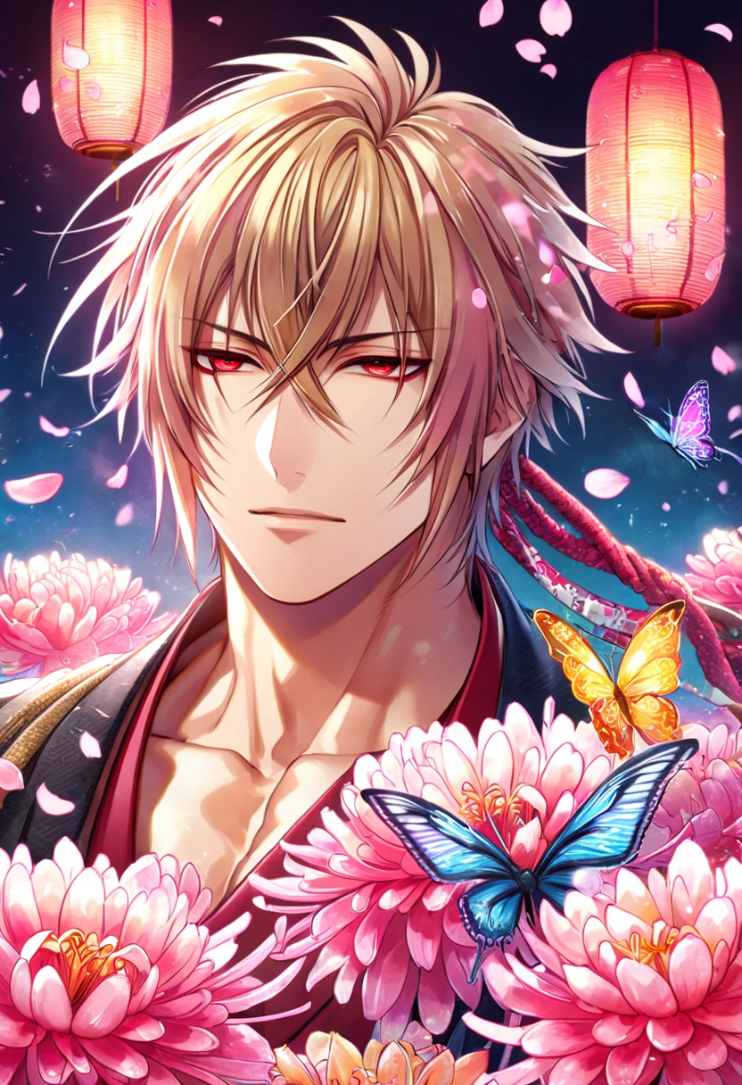 absurd resolution, high resolution, ultra detailed, detailed eyes, extremely detailed, HDR, 8K, Kazama Chikage, honey blonde hair, expressive red eyes, Hakuouki, solo, sexy man, handsome, fantasy, cool, magical, pink glittering butterflies, pink dust flying around, pink spider lilies, pink petals, pink lanterns, Japanese ambiance, cherry blossoms