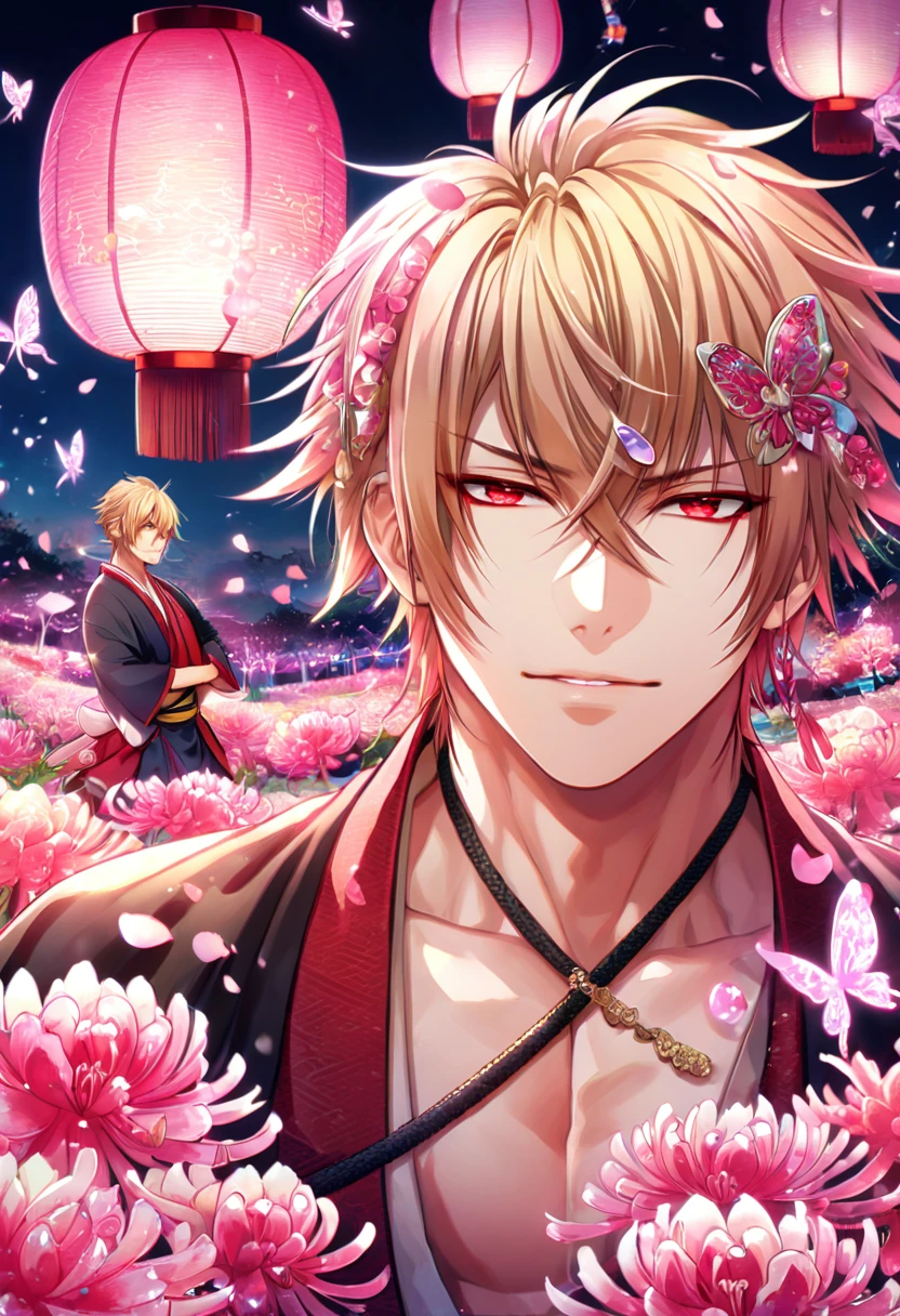 absurd resolution, high resolution, ultra detailed, detailed eyes, extremely detailed, HDR, 8K, Kazama Chikage, honey blonde hair, expressive red eyes, Hakuouki, solo, sexy man, handsome, fantasy, cool, magical, pink glittering butterflies, pink dust flying around, pink spider lilies, pink petals, pink lanterns, Japanese ambiance, cherry blossoms