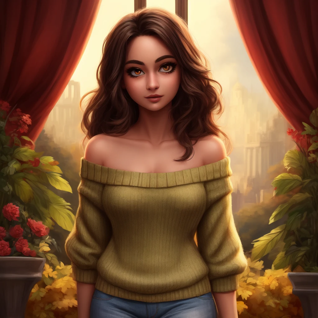 ((Highest quality)), ((masterpiece)), (detailed), One girl, Off-the-shoulder sweater, 