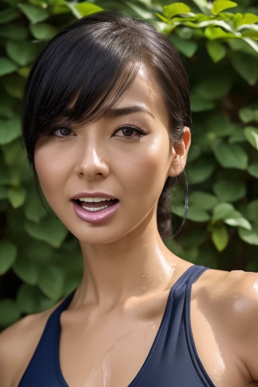 Mikimoka, ripped muscle, muscular body, pale skin, smile(blush), nude, [ultra detailed skin:1.2], 8k uhd, full body, stand, sweat, cum on face, crowd, public, poolside,