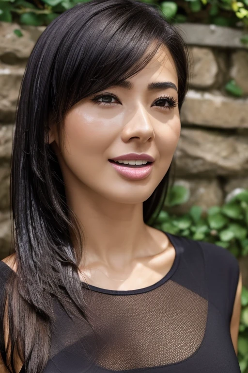 一人のwomanの画像,、Face close-up、Smooth Skin、masterpiece、Highest quality、8K Photo、((close your eyes and open your mouth slightly))、close your eyes、Suffering face、(Wrinkles around the eyes:1.2),woman, 26 years old, Tank top、length, Pointed nose,,,,,,,,,,,,,,,Strong Nose、length, Narrow nostrils、Skin shiny with sweat、Lighting that highlights shiny sweat{Realistic nostrils}, Black-haired、((Bushes along the wall of a field,Woman standing with her back to the wall))、Shapely breasts、(Super wet skin),((Ahegao,Sticking out a long tongue))(Close enough to kiss)((super oily skin))