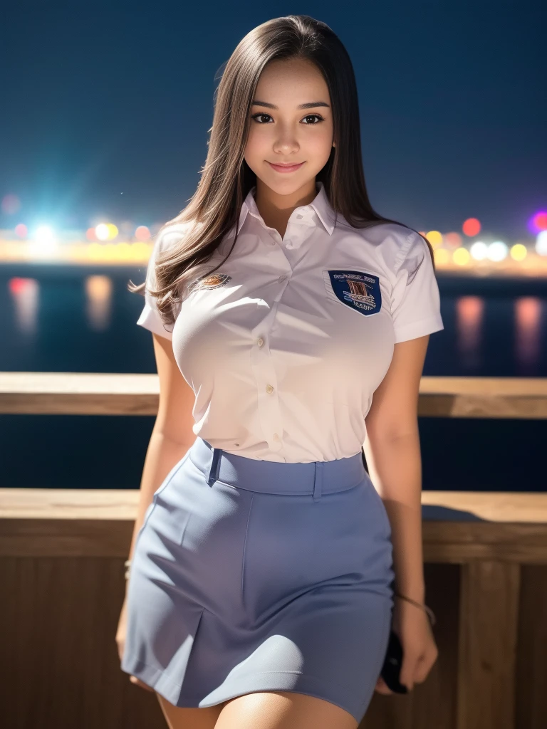 1girl, (uniform), standing, outdoors, night view, detailed Metropolitan city at the background, detailed face, little smile, detailed eyes, big breasts, smooth realistic skin, semi-curvy body, tide white shirt, grey blue mini skirt, looking at the audience, (8k, RAW photo, best quality, masterpiece: 1.2), (realistic, realistic: 1.37), ultra-high resolution