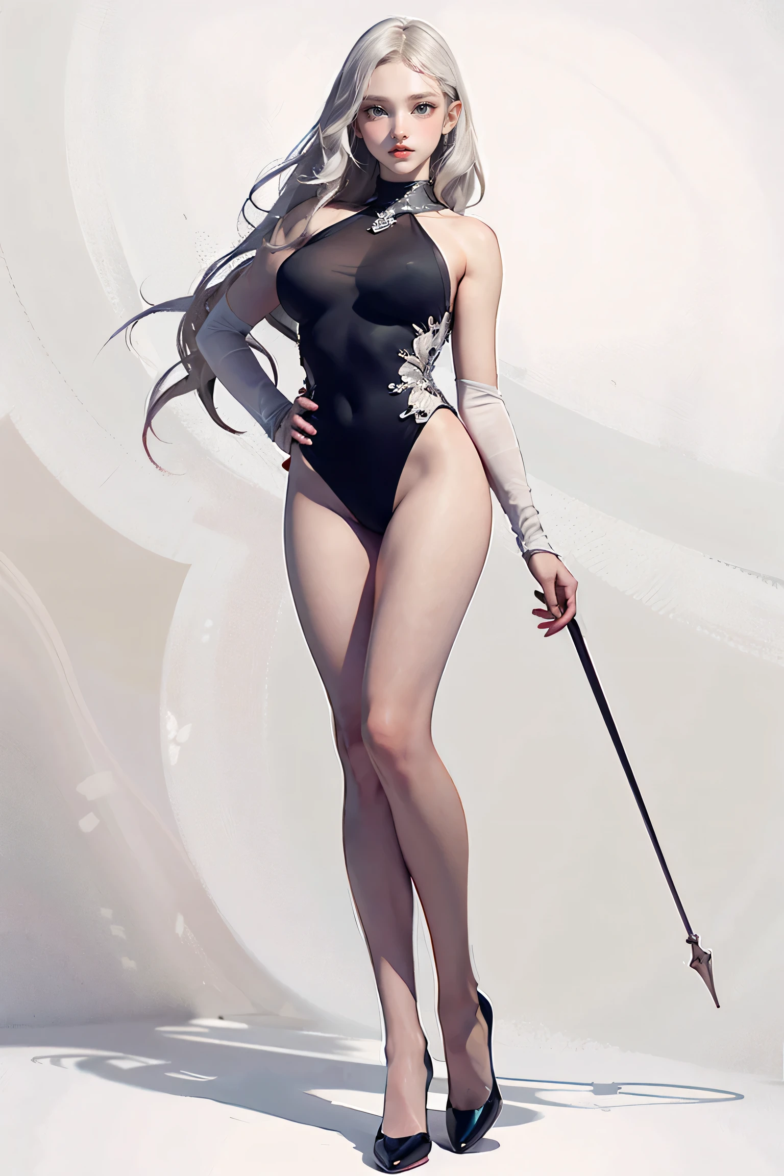 Master of animation, A perfect masterpiece, On a pure white background、Dressed in cool, sexy and modern clothes、Sexy mature modern woman standing, Flowing silver hair, Full Body Stand Posture, Thin legs, Large Breasts, Detailed facial details, Natural and beautiful standing posture, Crisp and realistic body detail,(NSFW:0.5)