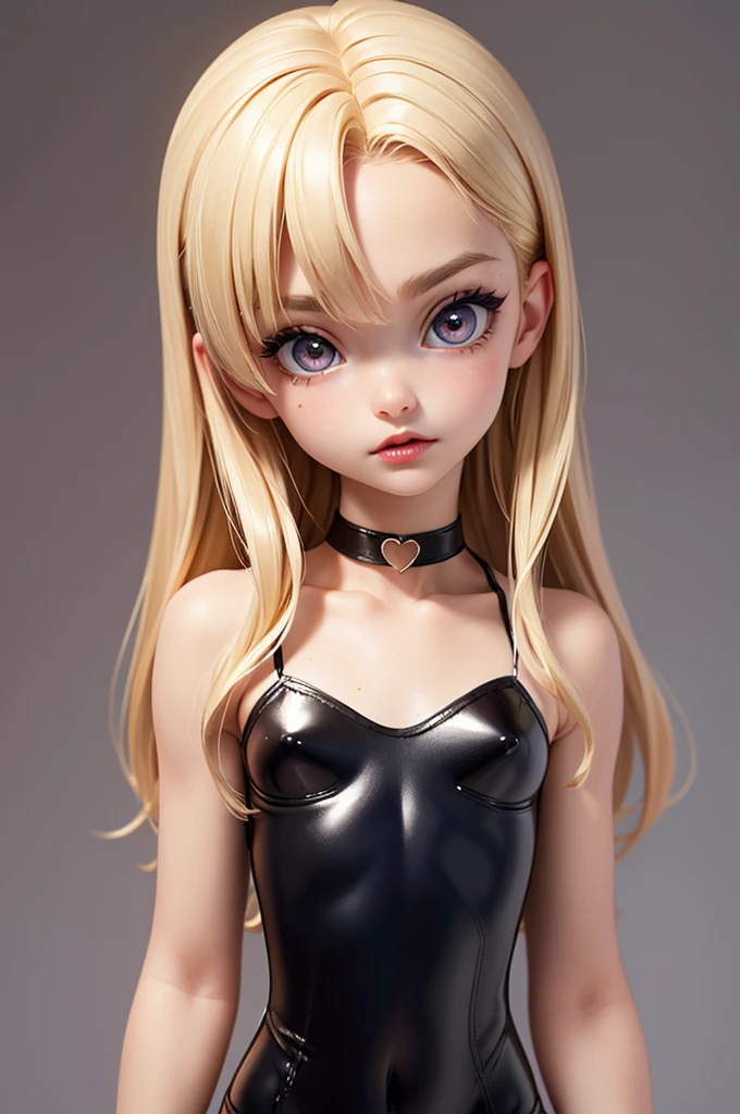 hyperrealistic 14 year old american teen, blonde, little, perfect tiny body, sexy, dark makeup, small choker, perfect slim face, big red lips, very cute face, tiny body, big eyes, young looking, childish looking, bodysuit