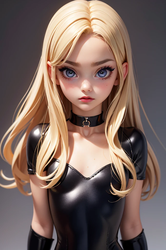 hyperrealistic 14 year old american teen, blonde, little, perfect tiny body, sexy, dark makeup, small choker, perfect slim face, big red lips, very cute face, tiny body, big eyes, young looking, childish looking, bodysuit