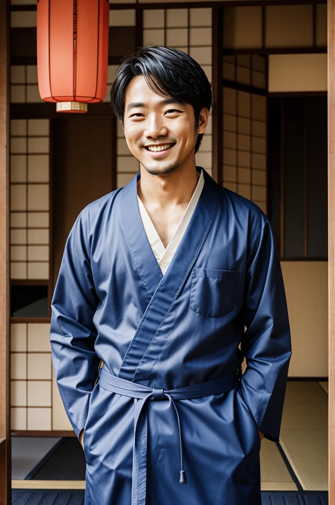 1 man ,Wearing Japanese ,standing smiling