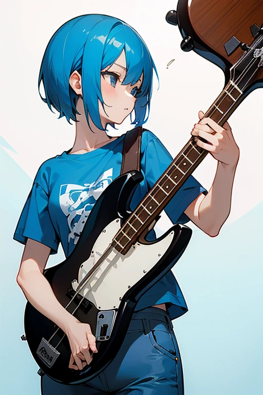 masterpiece,best quality,super detailed,super fine illustration,8k,1girl,blue hair,short hair,blue T shirts,blue pants,Smoking a cigarette and playing the bass