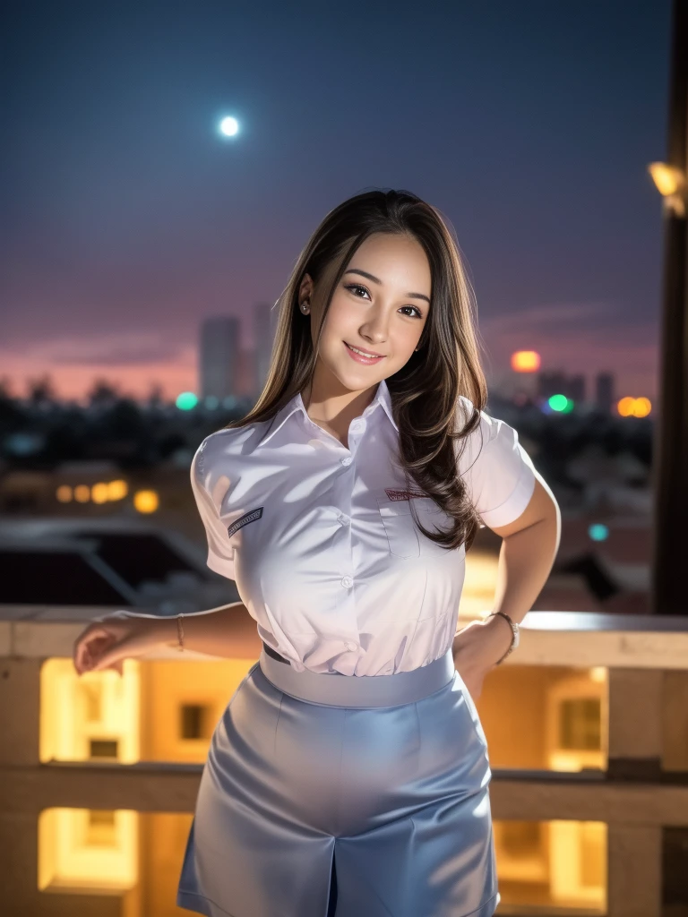 1girl, (uniform), standing, outdoors, night view, detailed Metropolitan city at the background, detailed face, little smile, detailed eyes, big breasts, smooth realistic skin, semi-curvy body, tide white shirt, grey blue mini skirt, looking at the audience, (8k, RAW photo, best quality, masterpiece: 1.2), (realistic, realistic: 1.37), ultra-high resolution