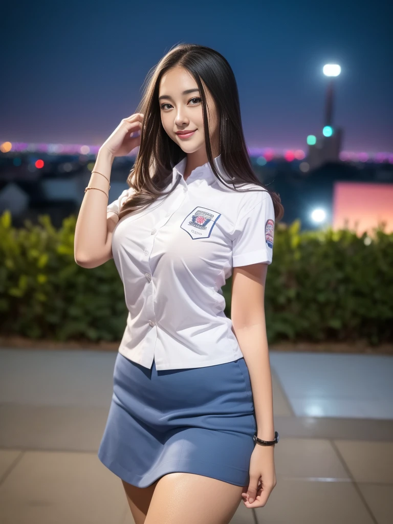 1girl, (uniform), standing, outdoors, night view, detailed Metropolitan city at the background, detailed face, little smile, detailed eyes, big breasts, smooth realistic skin, semi-curvy body, tide white shirt, grey blue mini skirt, looking at the audience, (8k, RAW photo, best quality, masterpiece: 1.2), (realistic, realistic: 1.37), ultra-high resolution