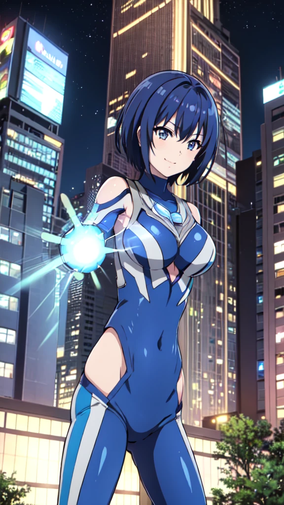 michirutojo, masterpiece, View your viewers,
Blue Hair, Cowboy Shot、Combat Stance、Ultraman bodysuit、Large Breasts、Hero Suit,Tight suit,smile、(building:1.2)、Night view