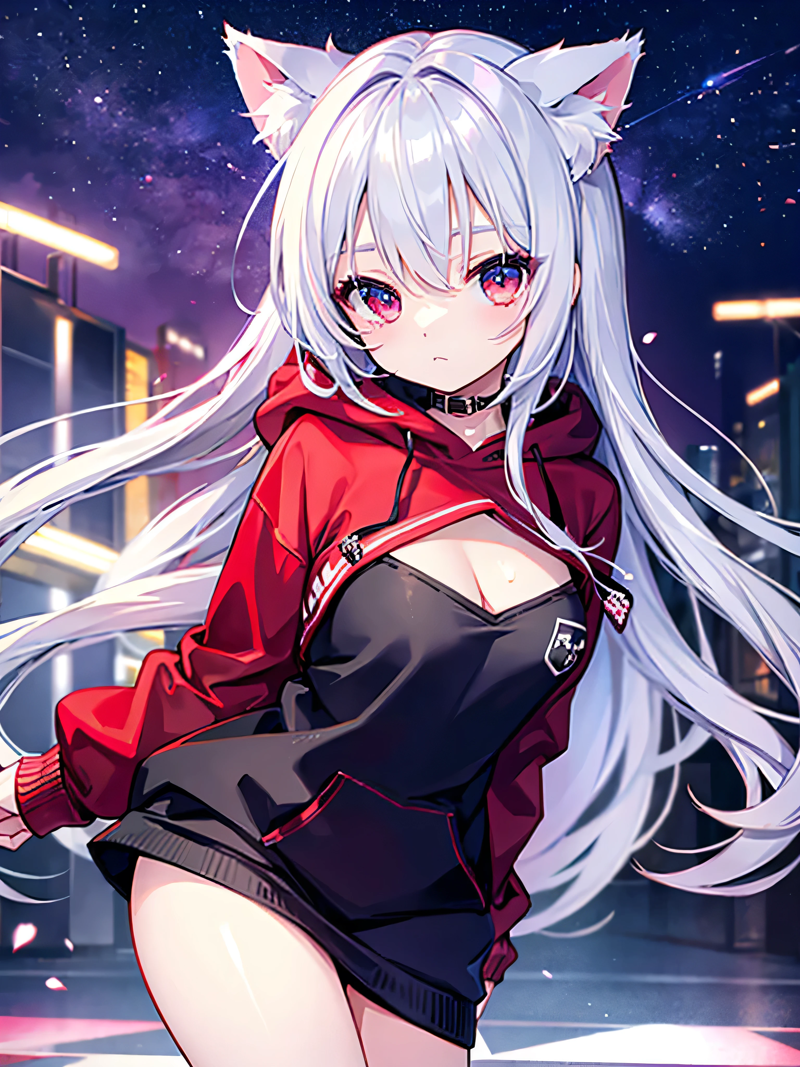 Cat ear、Beautiful Skin、girl、Red eyes、Silver Hair、hoodie