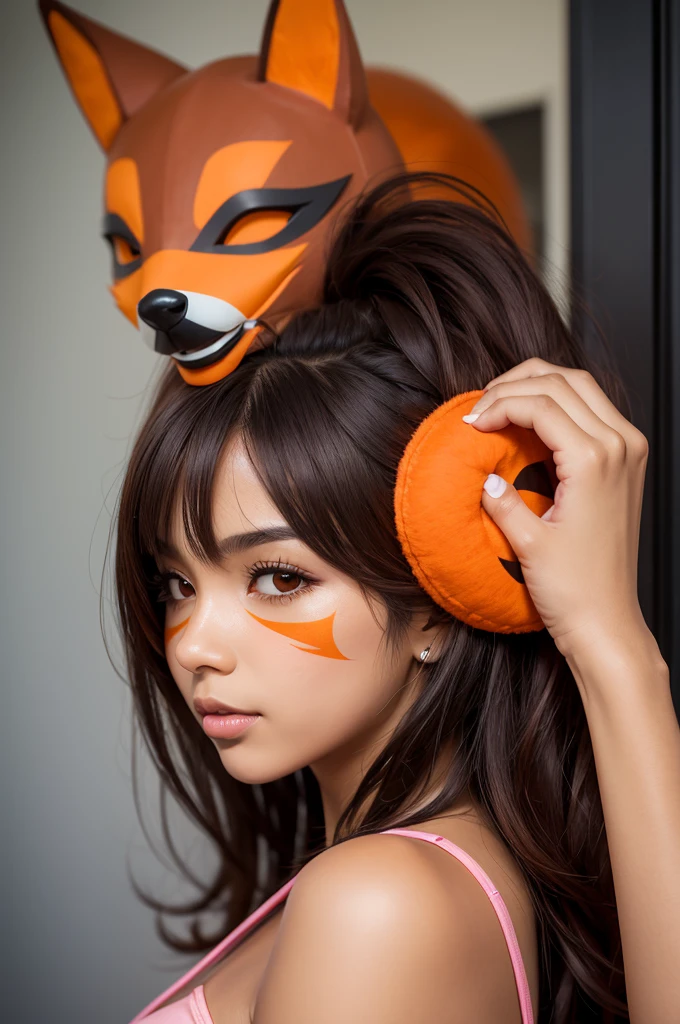 A girl with brown skin, short dark hair and brown eyes, pink mouth with an orange fox mask that covers her eyes to her nose with a Brazilian appearance