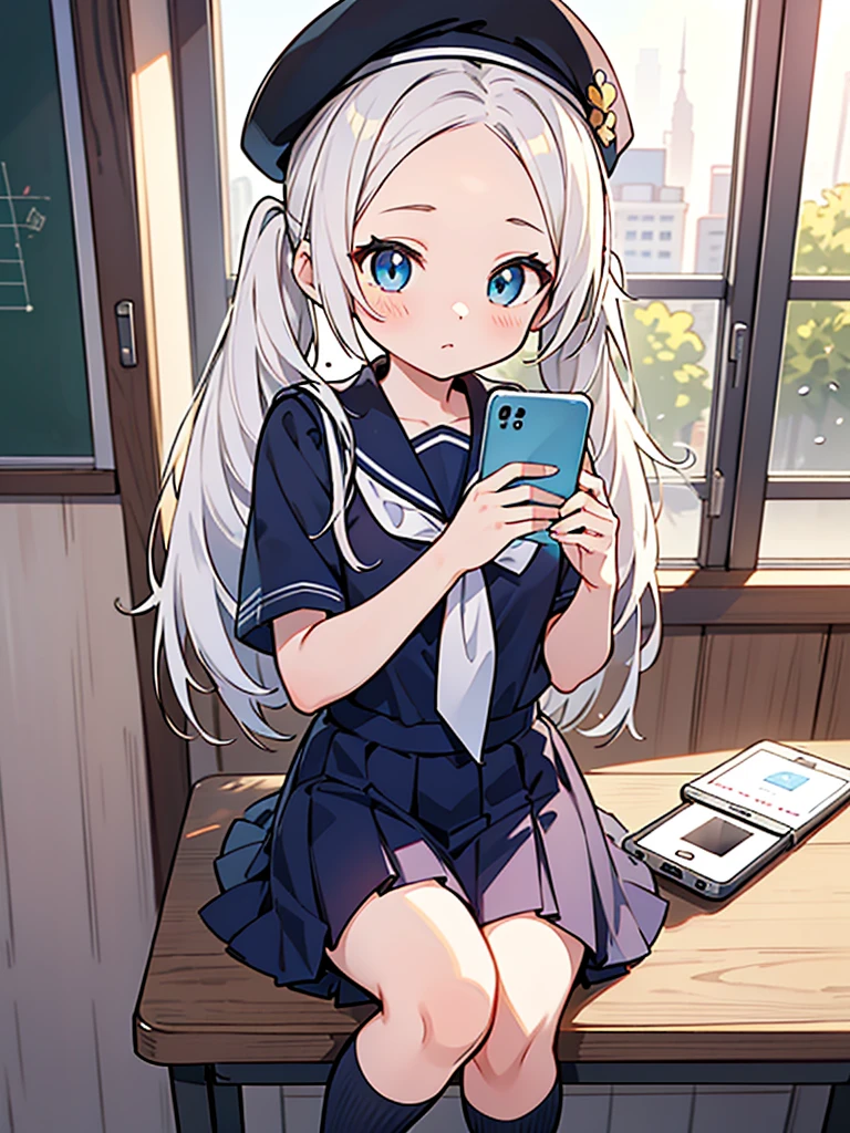 Anime illustrations by GOD,girl nipponensis,Forehead, twintail hair, white hair, blue eyes,13yo and 120cm,school sailor uniform,forehead,school Beret, operating a smartphone in hand, and having a friend's girl teach how to use the phone,