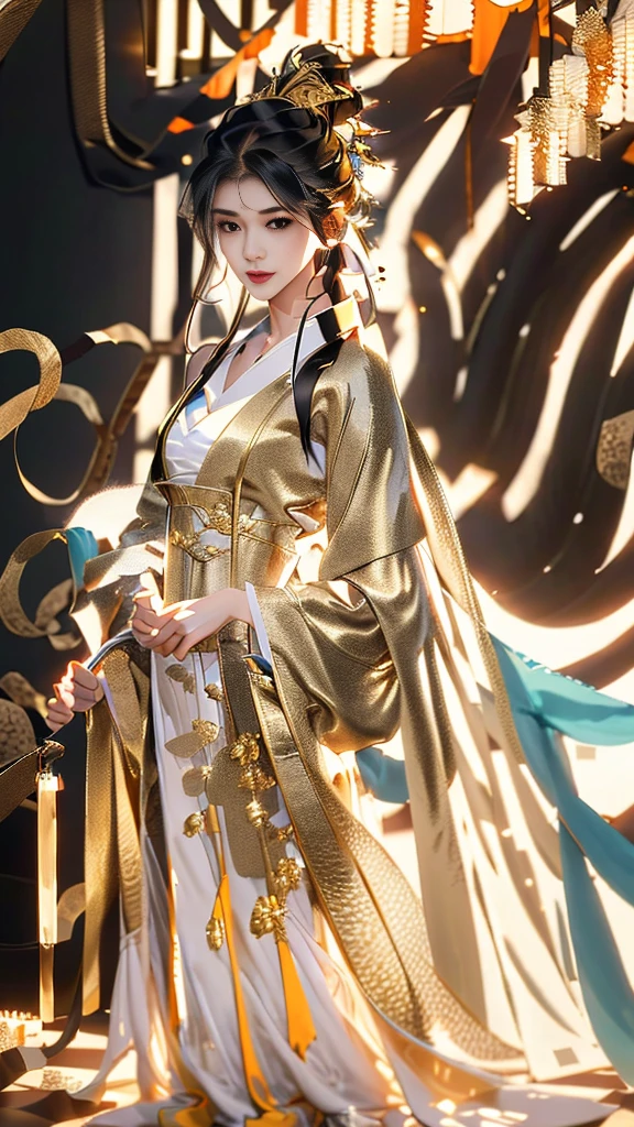 Beautiful details for girl，Very detailed eyes and face，beautiful eyes in detail，Super detailed，A high resolution，Very detailed，The best quality，illustration，exquisite detailing，Best quality，Very detailed CG，8k wallpaper，one-girl，Long black hair，Golden Hanfu，the complex background，