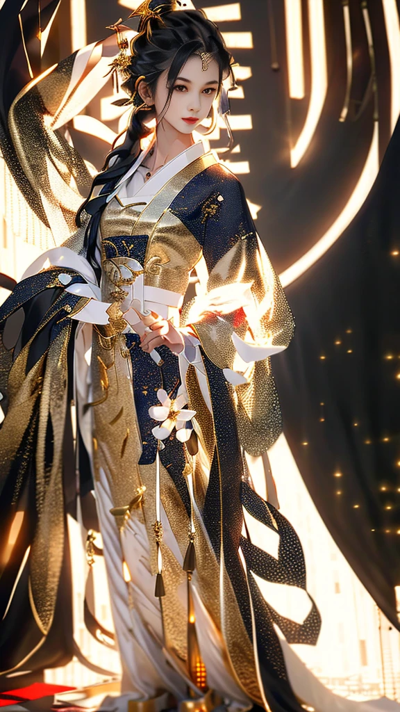 Beautiful details for girl,Very detailed eyes and face,beautiful eyes in detail,Super detailed,A high resolution,Very detailed,The best quality,illustration,exquisite detailing,Best quality,Very detailed CG,8k wallpaper,one-girl,Long black hair,Golden Hanfu,the complex background,