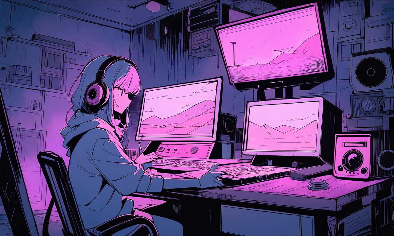  One Girl,study in your room, read a book, use headphones, , night light, rainy day neon landscape,analog color theme, lo-fi hip hop , retrospective, flat, 2.5d ,draw lines, digital ink drawing, amazing slope, watercolor, gooshcore, studio ghibli style, amazing colors, exterior ton, synth wave, arte rofi,90s style, Old Texture, Amplitude, 90's Atmosphere, Table Top, Wow Technology, 16:9