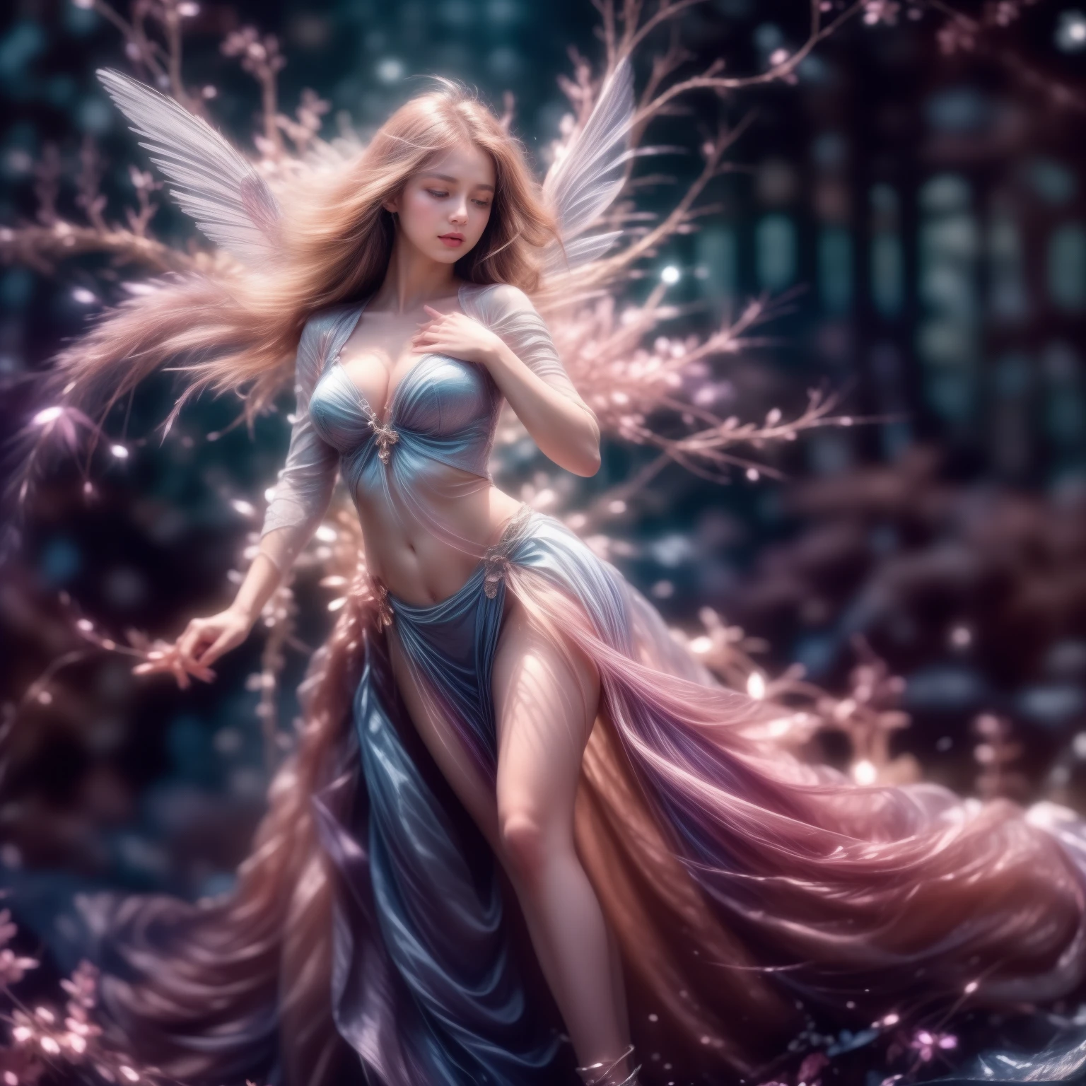 8k, delicate lilac flower branch, lilac fairy, ultra clear, divine light, beautiful spectrum light, petal sparkle, flashing, dark background, transparent light drops, reflected light, bright, light streaming in, optical, portrait profile, sharp focus, magical, complex, ultra realistic, accurate anatomy, four fingers and one thumb relationship, bewitching, sexy, erotic, beautiful face, pretty face, gentle smile, detailed perfect face, detailed beautiful eyes, big even eyes, sexy lips, perfect proportions, huge breasts, thin waist, navel, wide hips, crotch gap, sexy thighs, (random pose highlighting her beautiful), (changing pose: 1.5), (dynamic angle), fantasy, composition, light, art station trends, pearl, silvery steam patronus cloud, corrosive enveloping ray family, on top of the forest trees,