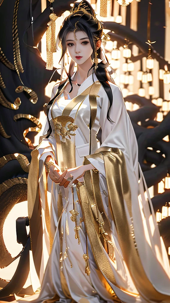 Beautiful details for girl，Very detailed eyes and face，beautiful eyes in detail，Super detailed，A high resolution，Very detailed，The best quality，illustration，exquisite detailing，Best quality，Very detailed CG，8k wallpaper，one-girl，Long black hair，Golden Hanfu，the complex background，