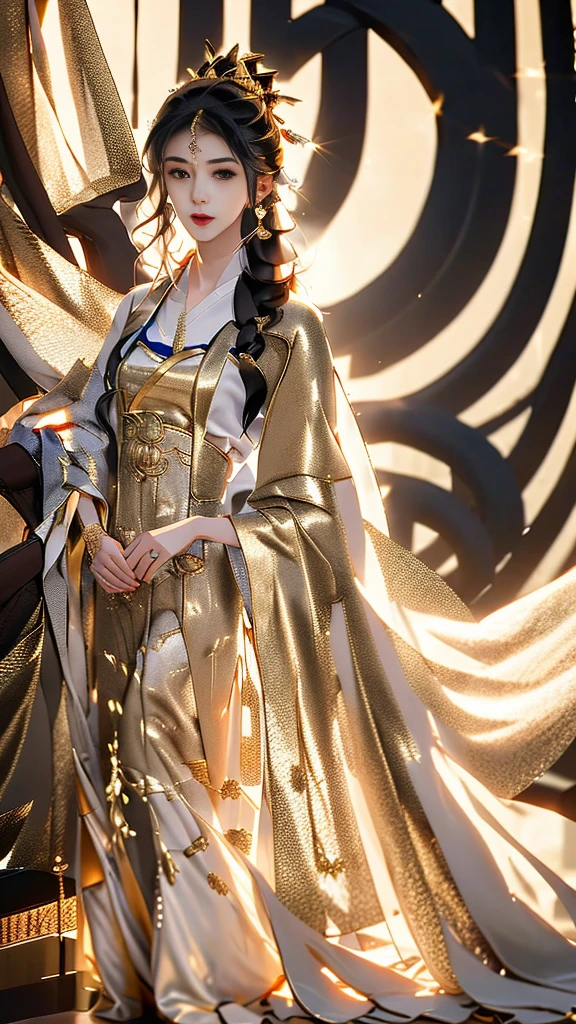Beautiful details for girl,Very detailed eyes and face,beautiful eyes in detail,Super detailed,A high resolution,Very detailed,The best quality,illustration,exquisite detailing,Best quality,Very detailed CG,8k wallpaper,one-girl,Long black hair,Golden Hanfu,the complex background,