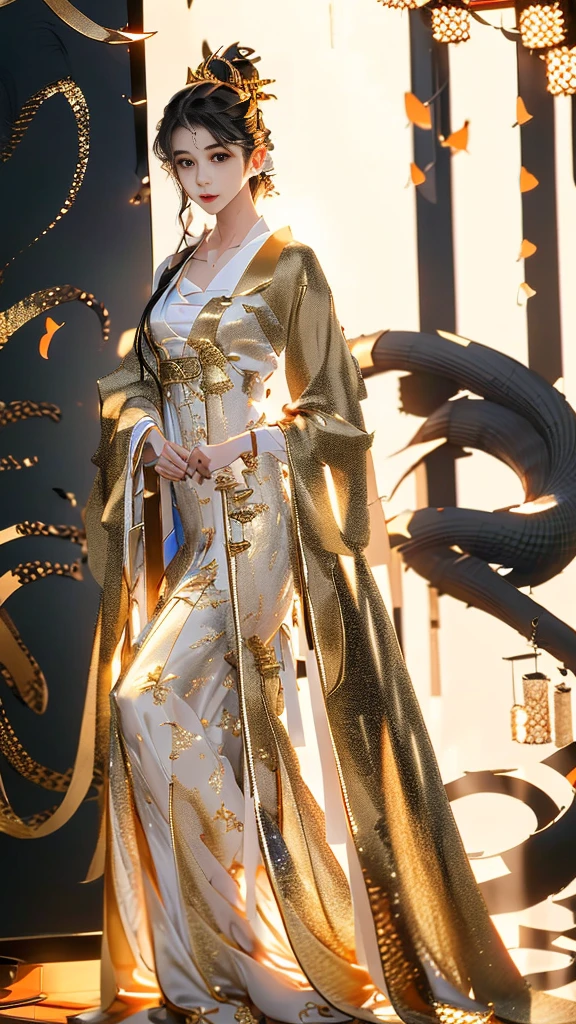 Beautiful details for girl,Very detailed eyes and face,beautiful eyes in detail,Super detailed,A high resolution,Very detailed,The best quality,illustration,exquisite detailing,Best quality,Very detailed CG,8k wallpaper,one-girl,Long black hair,Golden Hanfu,the complex background,