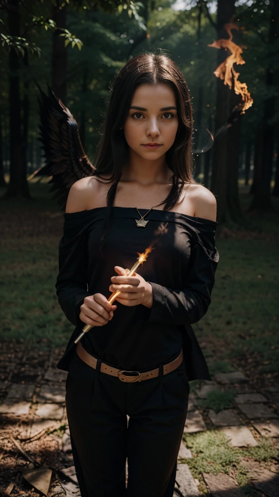 A girl (20 Yo) in In witch clothes With trouser, By holding a magic wand (breathing out fire) with on (shoulder there is a black cat with wings) .Add shadow and light effects And Lightroom presets with a medieval style Realistic Full hd 24k