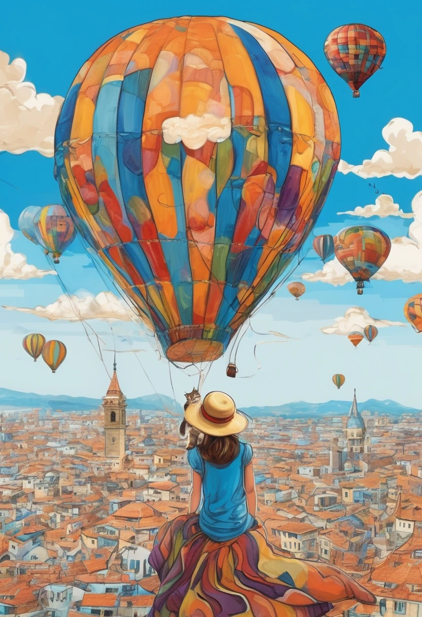 Unbelievable illustrations、Girl and cat sitting on a big balloon、Correct Anatomy、Girl in a straw hat、Smile、beautiful girl、profile、Flying high in the blue sky、Below you can see a small picture of the city.、Fancy、Pop Art、masterpiece、High definition、far and near method、warm color