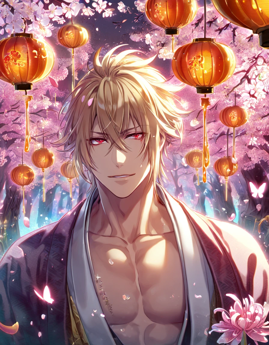 absurd resolution, high resolution, ultra detailed, detailed eyes, extremely detailed, HDR, 8K, Kazama Chikage, honey blonde hair, expressive red eyes, Hakuouki, solo, sexy man, handsome, fantasy, cool, magical, pink glittering butterflies, pink dust flying around, pink spider lilies, pink petals, pink lanterns, Japanese ambiance, cherry blossoms