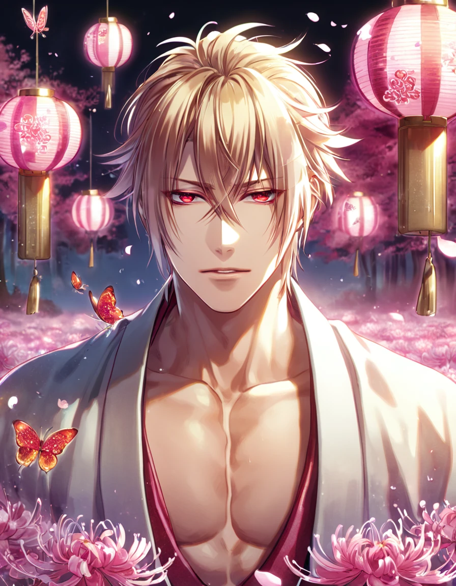 absurd resolution, high resolution, ultra detailed, detailed eyes, extremely detailed, HDR, 8K, Kazama Chikage, honey blonde hair, expressive red eyes, Hakuouki, solo, sexy man, handsome, fantasy, cool, magical, pink glittering butterflies, pink dust flying around, pink spider lilies, pink petals, pink lanterns, Japanese ambiance, cherry blossoms